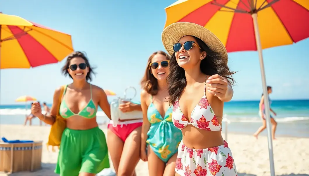 People in colorful beachwear enjoying the beach under a bright sun.
