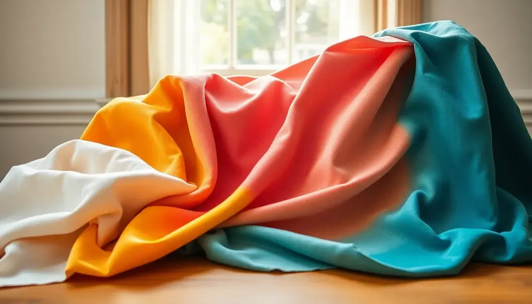 Various fabric types draped over a wooden table, highlighting natural and synthetic contrasts.