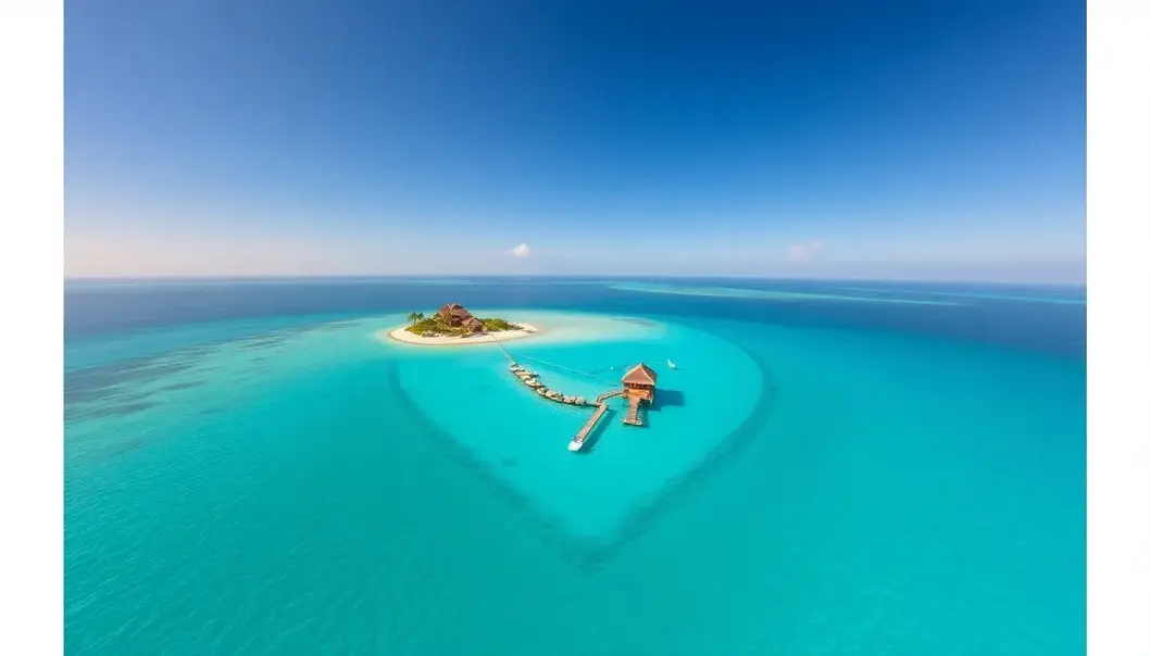 A heart-shaped island with over-water bungalows surrounded by turquoise waters.