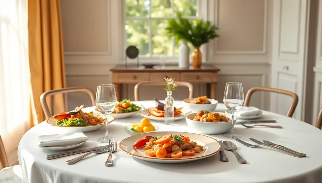 A luxurious table set with gourmet dishes symbolizing the harmony of nutrition and mental health.