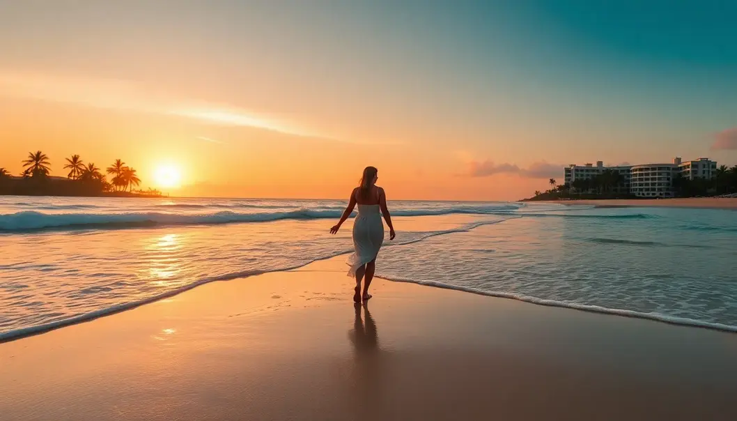 Whisked Away: Crafting the Perfect Honeymoon A couple enjoys a serene walk on a tropical beach at sunset.